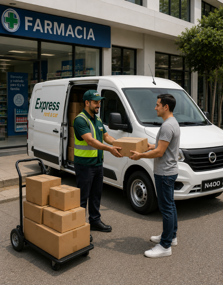 Un repartidor entrega una caja al cliente fuera de una furgoneta de farmacia, mientras hay paquetes apilados cerca.
