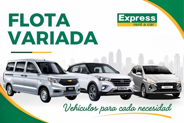 Anuncio de alquiler de autos Express Rent a Car con flota variada, KM ilimitado y tres vehículos SUV blancos.