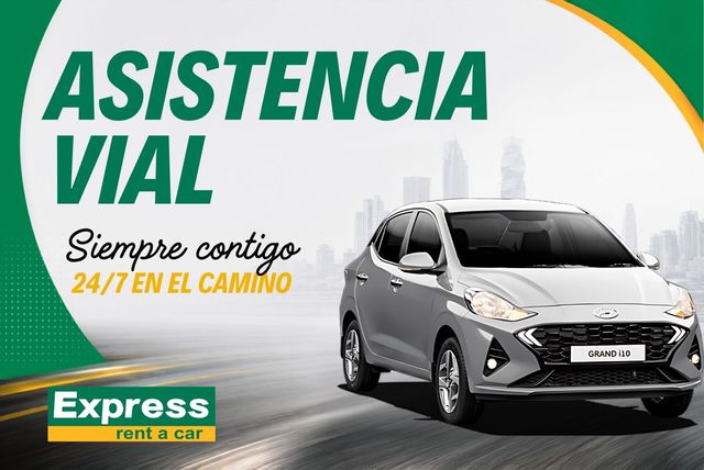 Anuncio de asistencia en carretera de Express Rent a Car con servicio 24/7, coches blancos y números de contacto en verde y naranja.