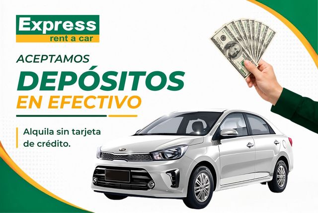 Anuncio de Express Rent a Car con un SUV blanco, 14 sucursales y números de teléfono para reservas sobre un fondo verde.