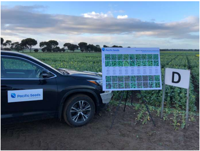 Black SUV beside crop field trial sign and plot markers in a rural farm field