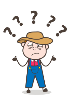 Confused cartoon farmer shrugging under floating question marks
