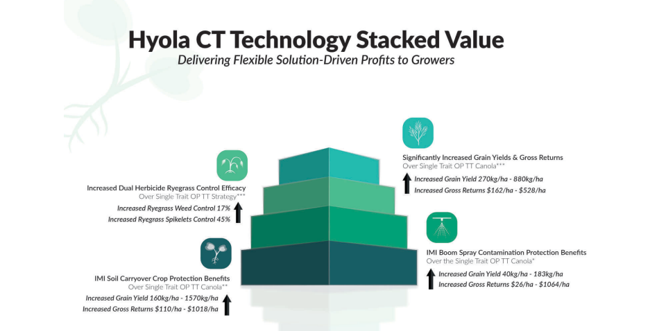 Hyola CT Technology stacked value pyramid in green and teal with labels and icons on white background