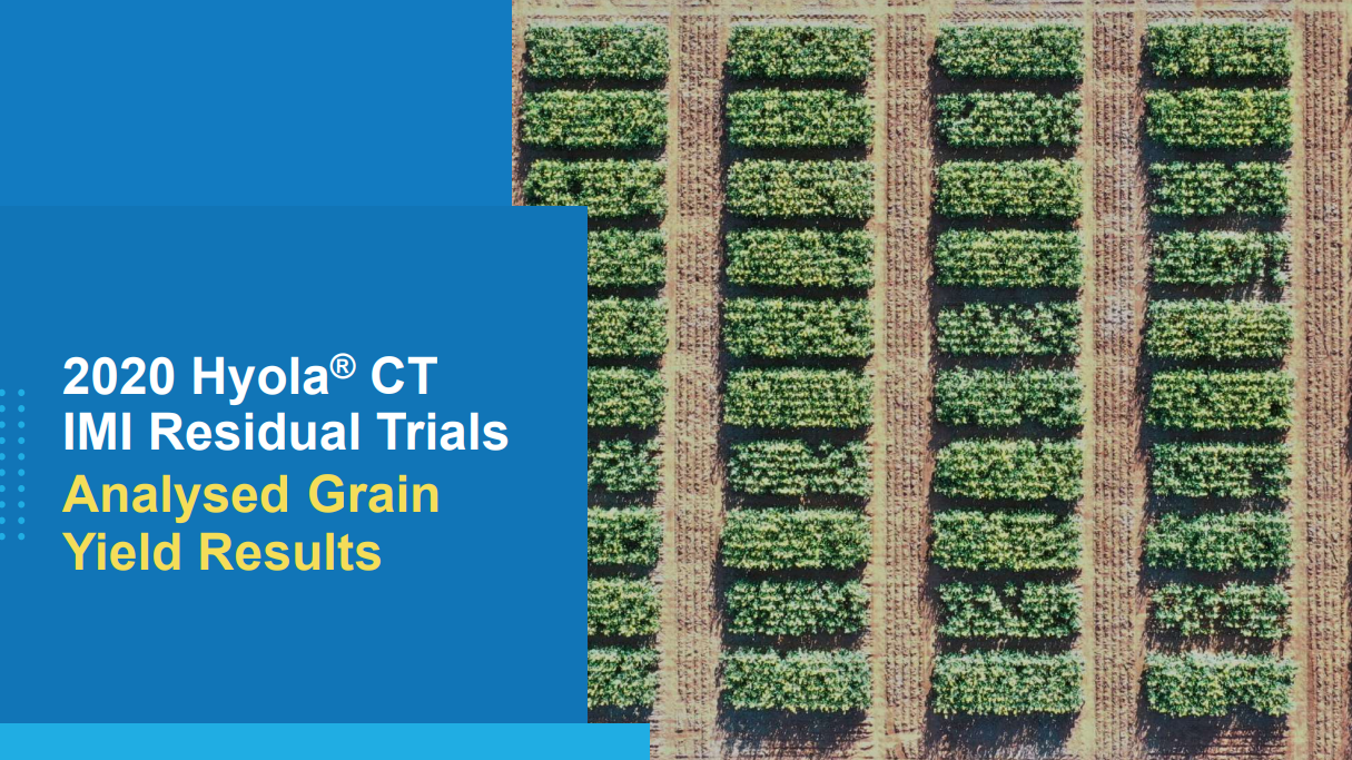 Blue title card with text beside aerial rows of green grain trial plots