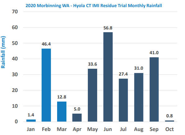 Bar chart of 2020 Morbinning WA rainfall by month, with peaks in June and February.