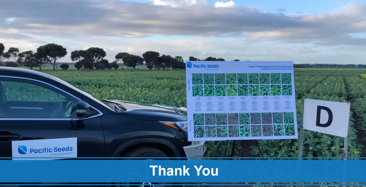 Car beside a field signboard with cropped plant images and a “Thank You” banner