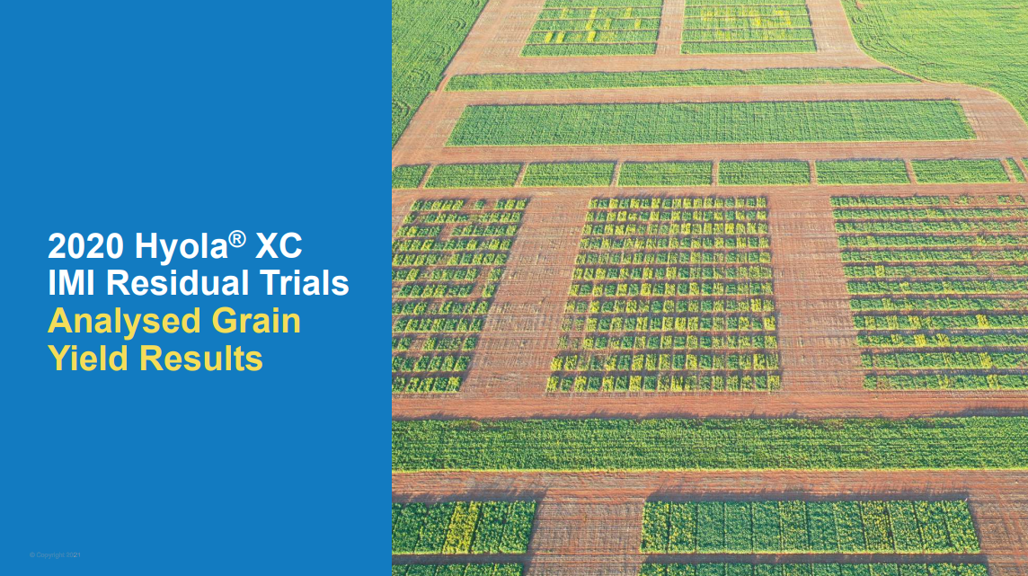 2020 Hyola XC IMI residual trials analyzed grain yield results title slide with aerial crop plots