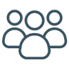 Outlined group of three people icons in dark gray, with one larger figure centered in front