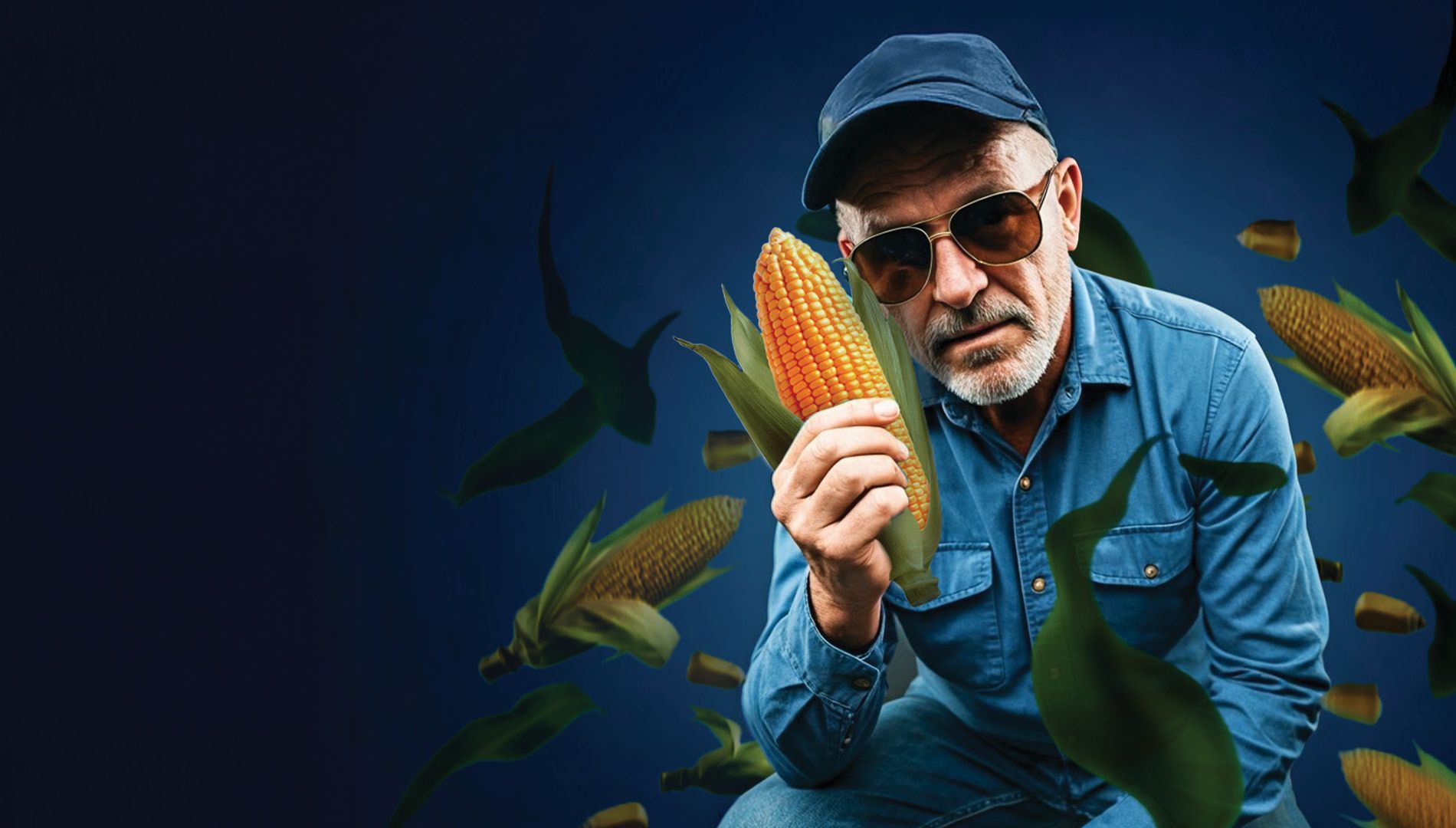 Farmer holding an ear of corn in a blue field, with corn plants around him