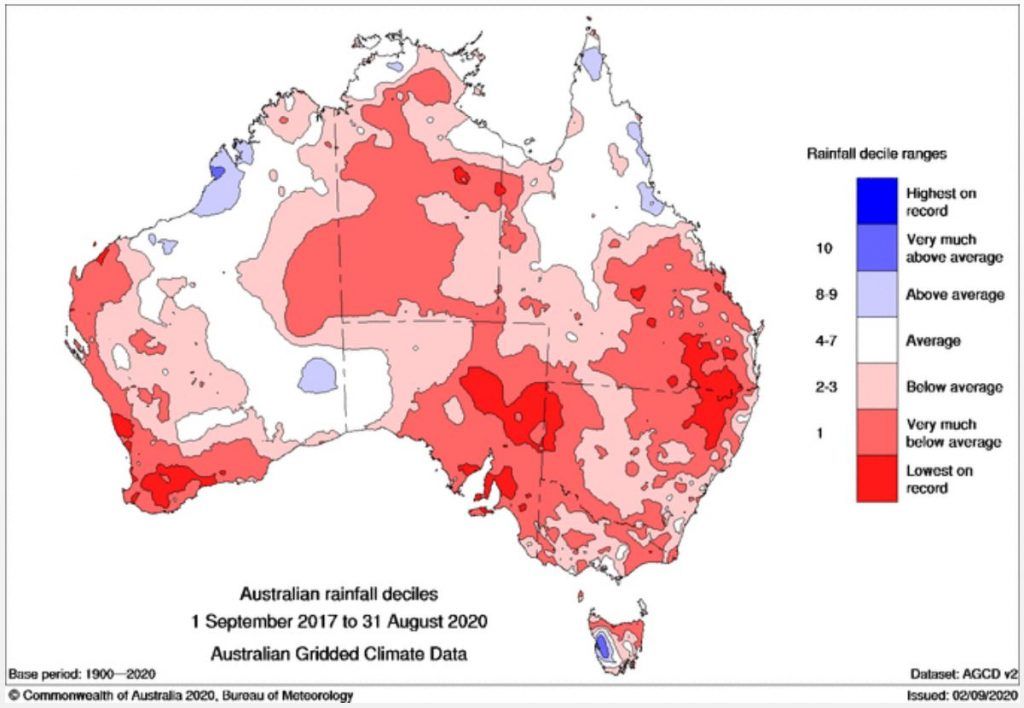 Australia map showing rainfall departures by region in red and blue shades, with a legend on the right