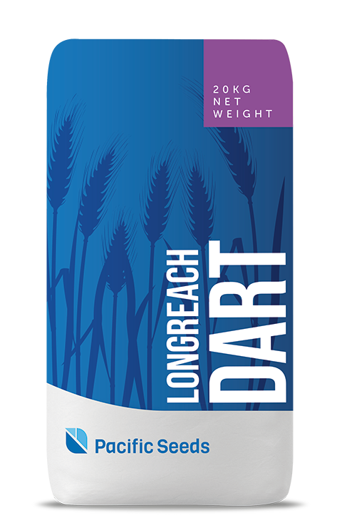 Pacific Seeds Longreach Dart 20kg net weight bag, blue and white with tall grass graphic