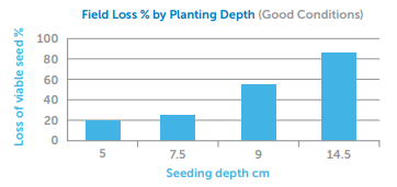 Bar chart of field loss vs planting depth, blue bars rising from 5 to 14.5 cm, with highest loss at 14.5 cm