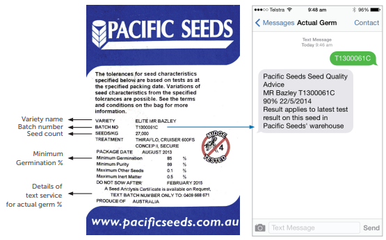 Pacific Seeds product label and WhatsApp contact screenshot with seed details and logo