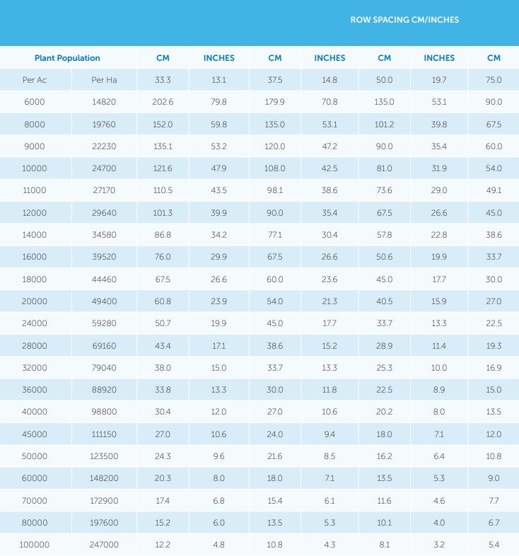 Blue-and-white table of font sizes and measurements with multiple columns and rows