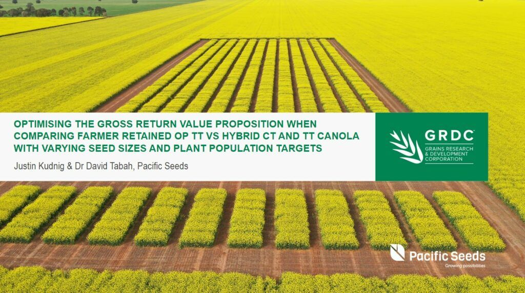 Yellow flower fields with a green banner about potato value proposition and GRDC/Patricia Seed logos