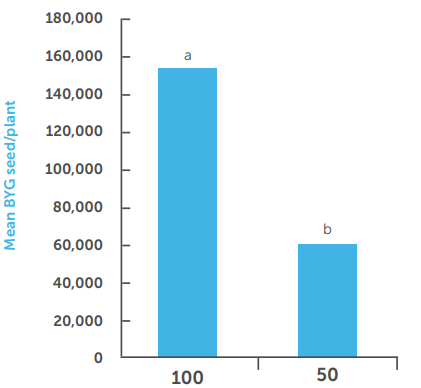 Bar chart of mean BGV seed/plant: 100 in blue is higher than 50, with labels a and b.