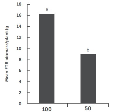 Bar chart of mean FTi biomass/plant: 100 treatment higher than 50, marked a and b.