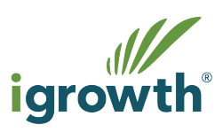 Igrowth logo in green and blue with stylized leaf graphic above the text