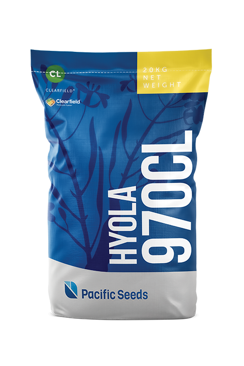 Blue and yellow bag of Hyola 970CL Pacific Seeds seed packaging