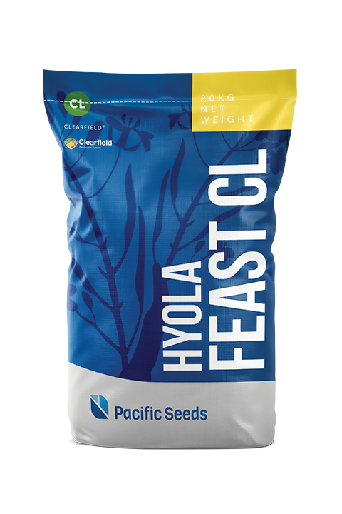 Bag of Hyola Feast CL seed, blue and yellow packaging with Pacific Seeds logo