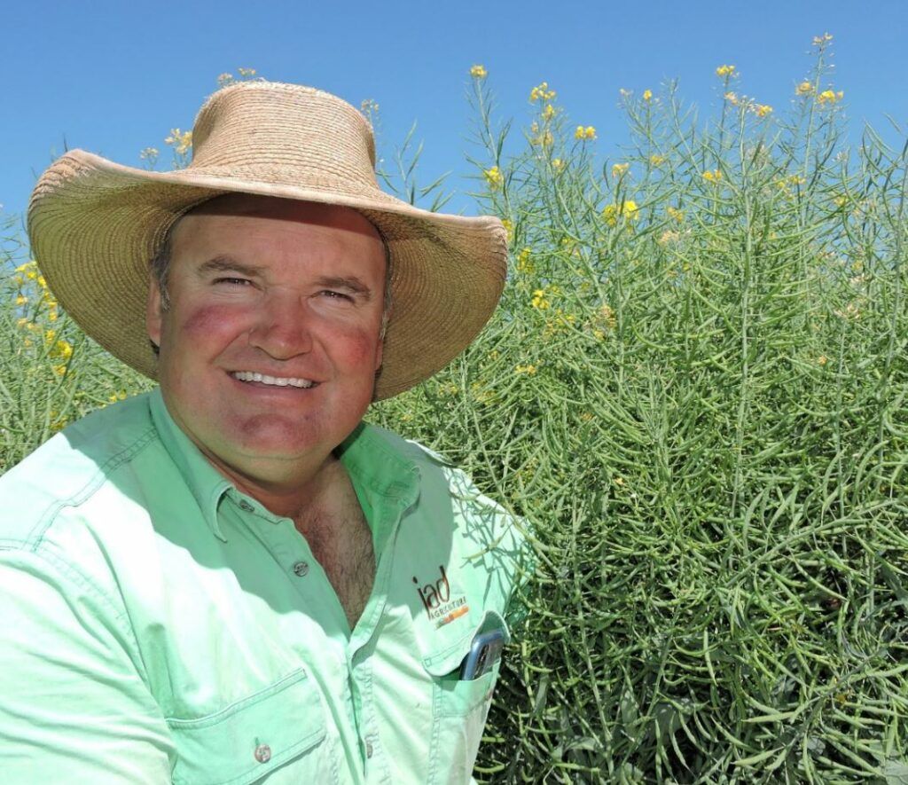 Smiling man in a straw hat standing by tall green plants with small yellow flowers