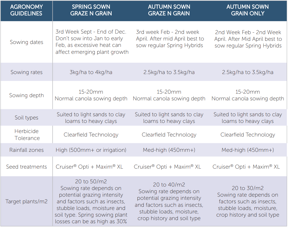 Agronomy guide table comparing spring and autumn sowing options for grain crops, with timing and seed rate details