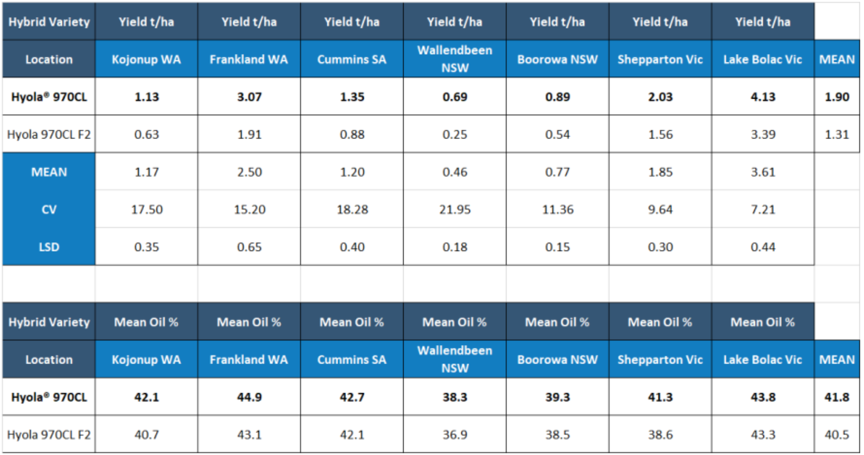 Blue-and-white data table with multiple rows of quarterly metrics and percentages
