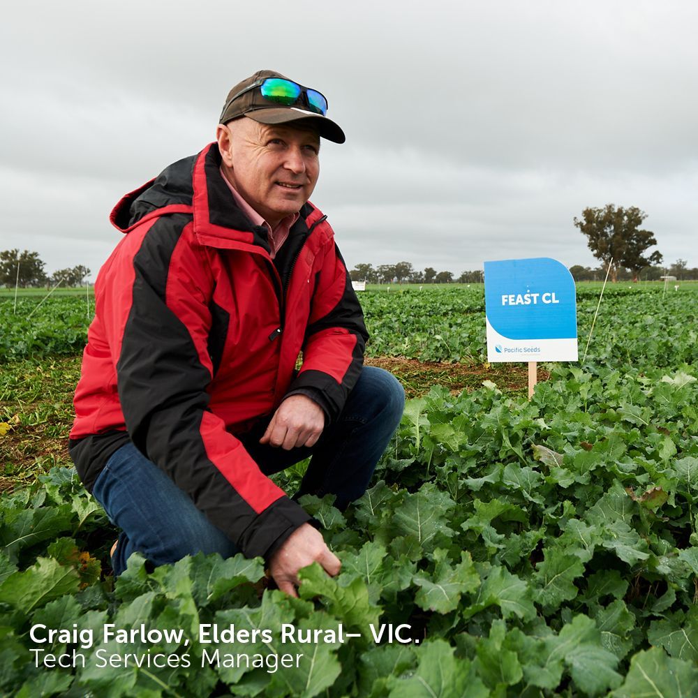 Farmer kneeling in green crop field beside sign reading “FEAST CL,” under cloudy sky