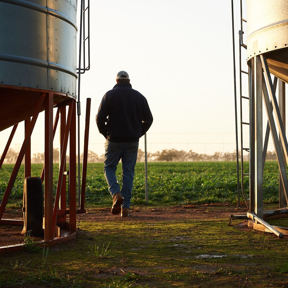 Person walking between two silos toward a green field at sunset