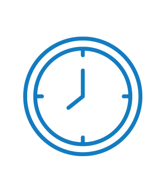 Blue outline clock icon with hands showing 8:00
