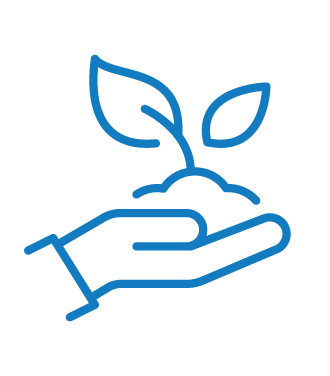 Blue line icon of a hand holding soil with two growing leaves