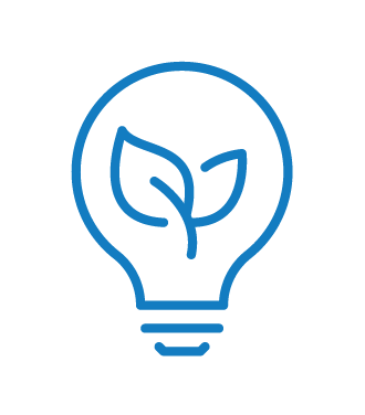 Blue outline light bulb with two leaves inside, symbolizing eco-friendly energy or sustainability.