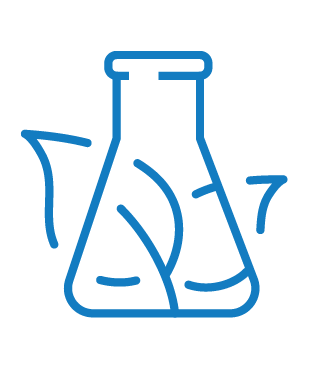 Blue outline of a chemistry flask and beaker with swirling liquid lines