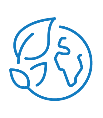 Blue line icon of a globe with leaves, symbolizing environmental sustainability.