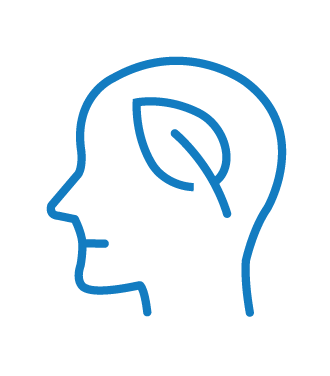 Blue outline of a head with a leaf inside, symbolizing mental health or eco-friendly thinking