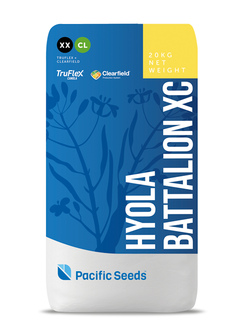 Blue-and-yellow Battalion XC seed bag with Pacific Seeds logo and corn graphic