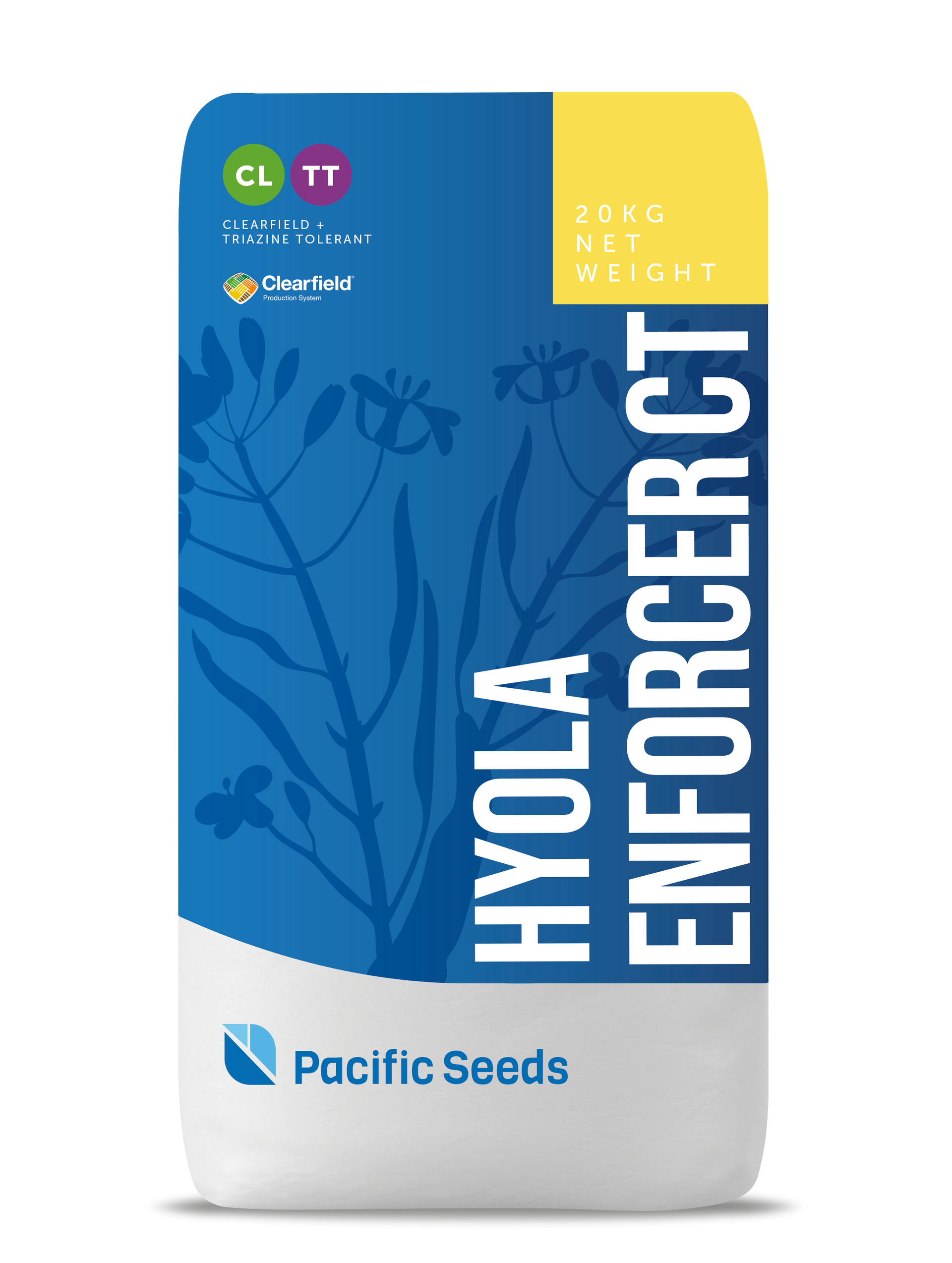 Blue and white Pacific Seeds bag labeled “HYOLA ENORCER CT” with yellow corner panel
