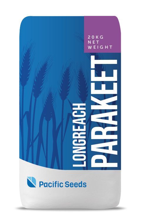 Bag of Longreach Parakeet grass seed by Pacific Seeds, blue and white packaging, 20kg net weight