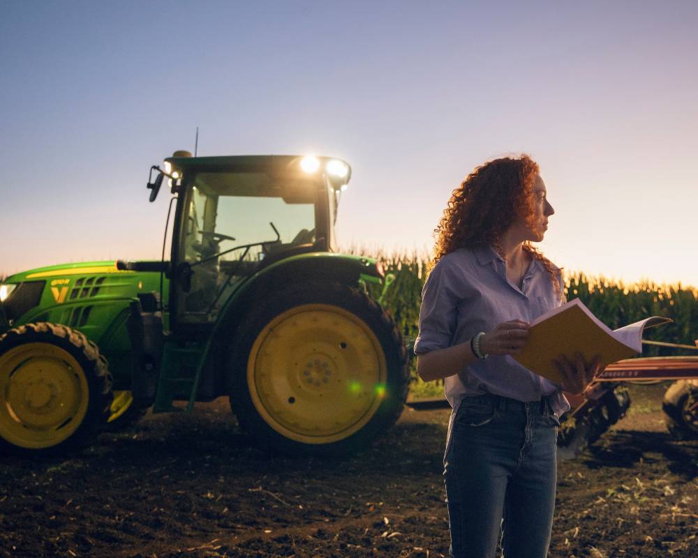 Farmer holding a clipboard beside a green tractor in a field at sunset