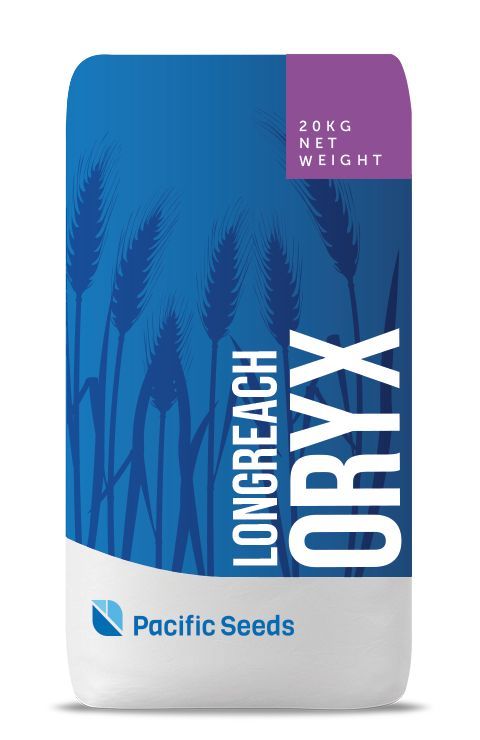 Blue and white Pacific Seeds Ryegrass seed bag with tall grass illustration and red label