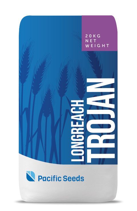 Pacific Seeds Longreach Trojdan grass seed bag, blue and purple packaging, 20kg net weight
