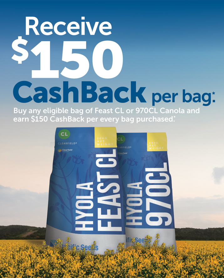 Receive $150 cash back per bag for two Hyola fertilizer bags in a field.