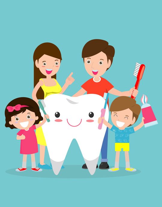 Una famiglia si lava i denti intorno a una mascotte a forma di dente sorridente, promuovendo l'igiene dentale.