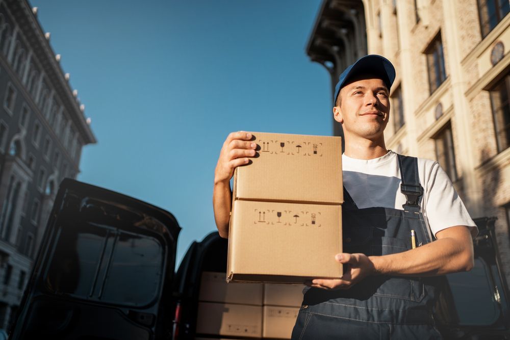 A delivery person holding boxes and looking up stands near a van in a city.