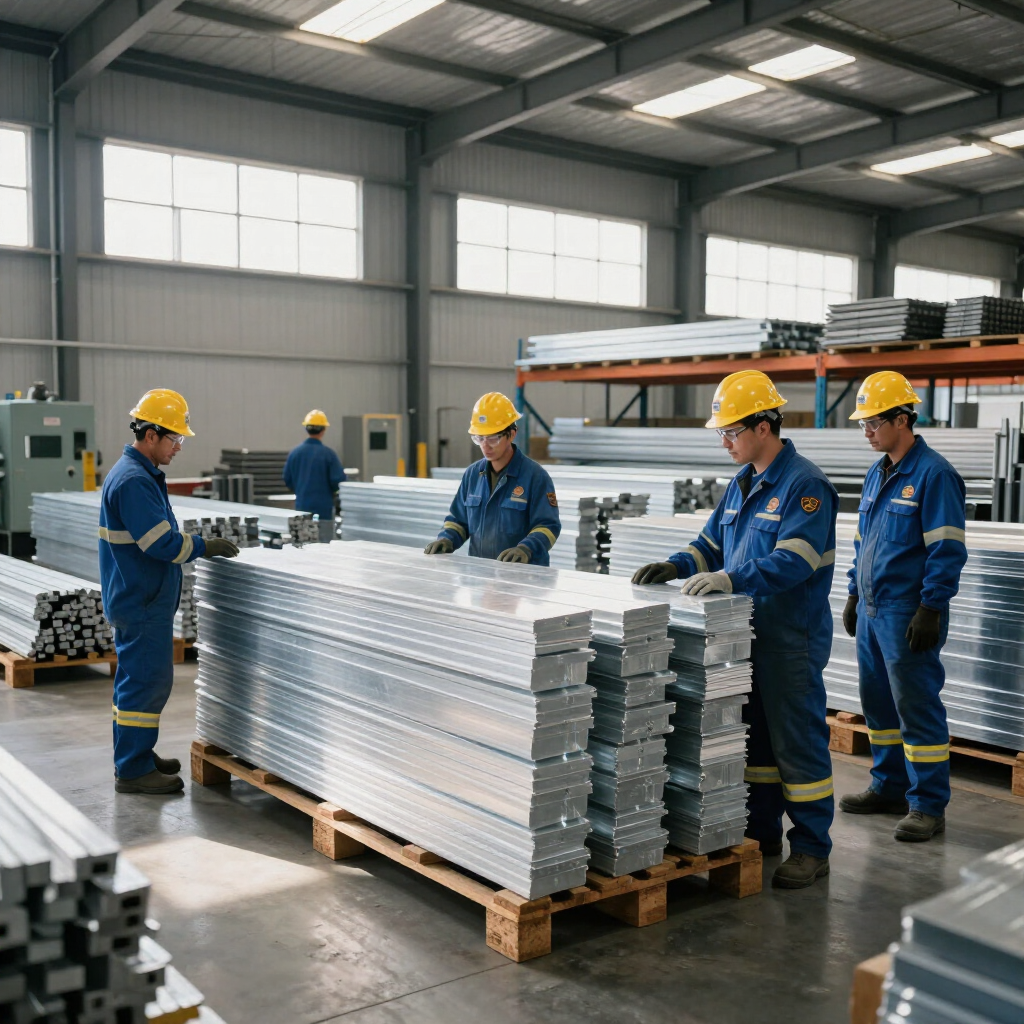 Workers in blue uniforms and yellow hard hats handle stacked metal beams in a warehouse.