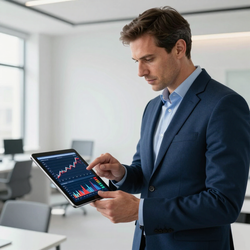 Man in a blue suit using a tablet with a stock chart in a bright office