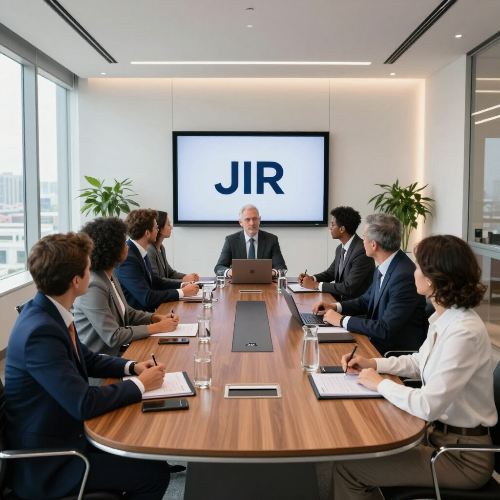 Business meeting in a modern conference room, with people seated around a table facing a presentation screen.