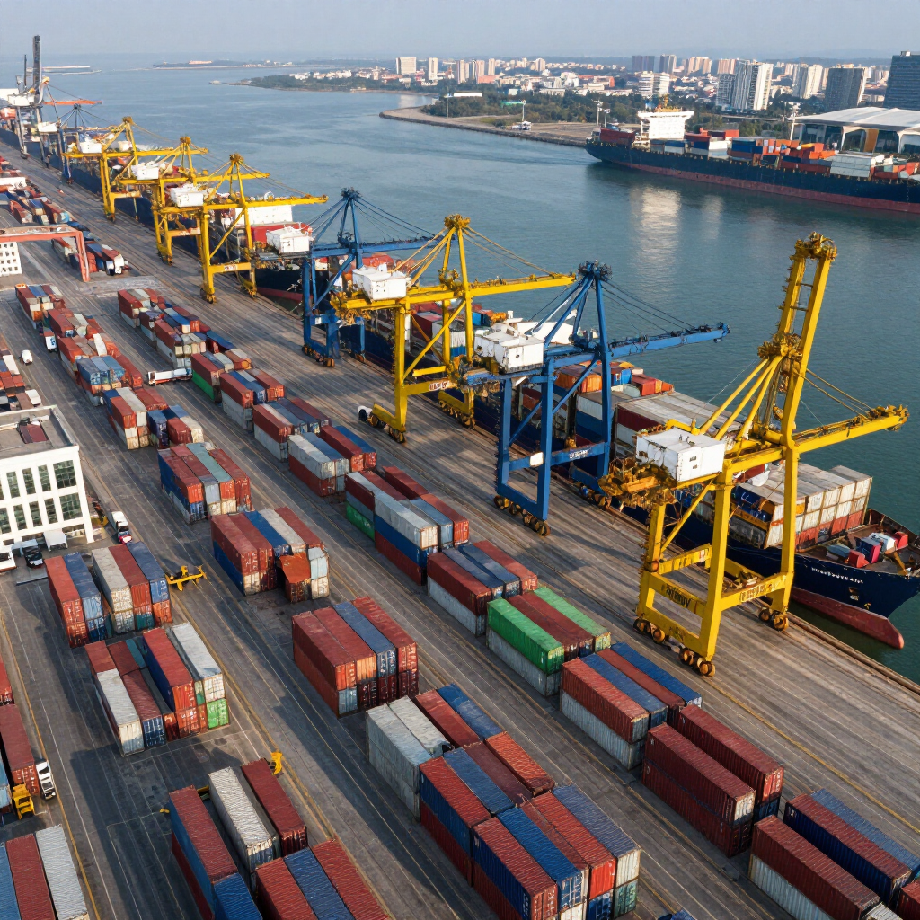 Container port with stacked shipping containers, yellow cranes, and cargo ships along a waterfront channel