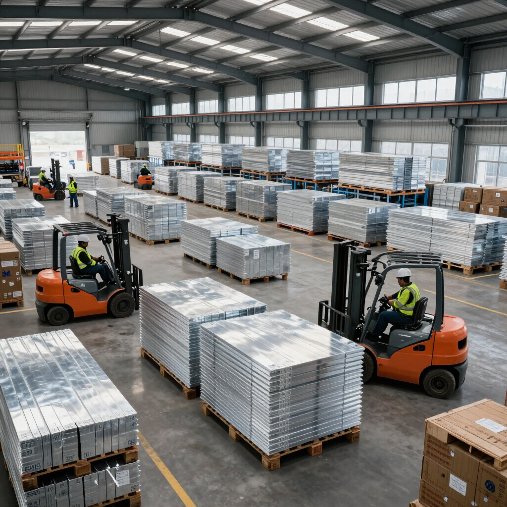 Warehouse with forklifts moving palletized goods among stacks of wrapped inventory