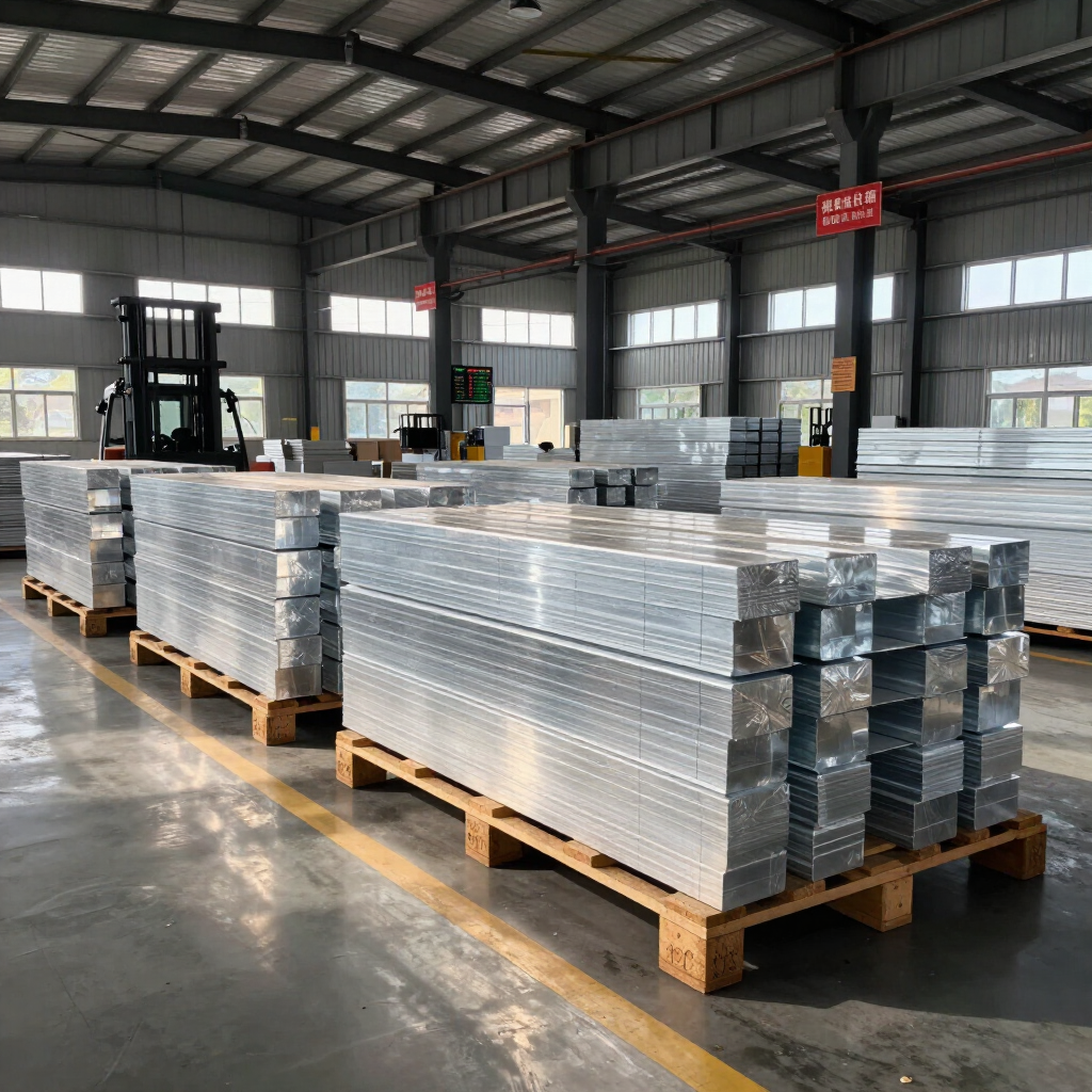 Warehouse with stacked metal beams on wooden pallets in a large industrial storage area